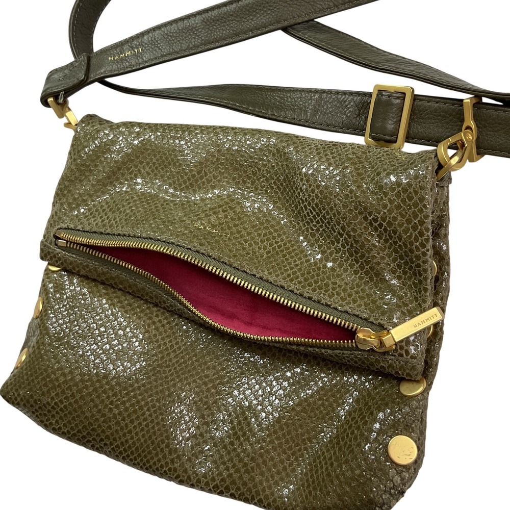 Hammitt VIP Medium Crossbody Bag Olive Green Snake Embossed Leather Gold
